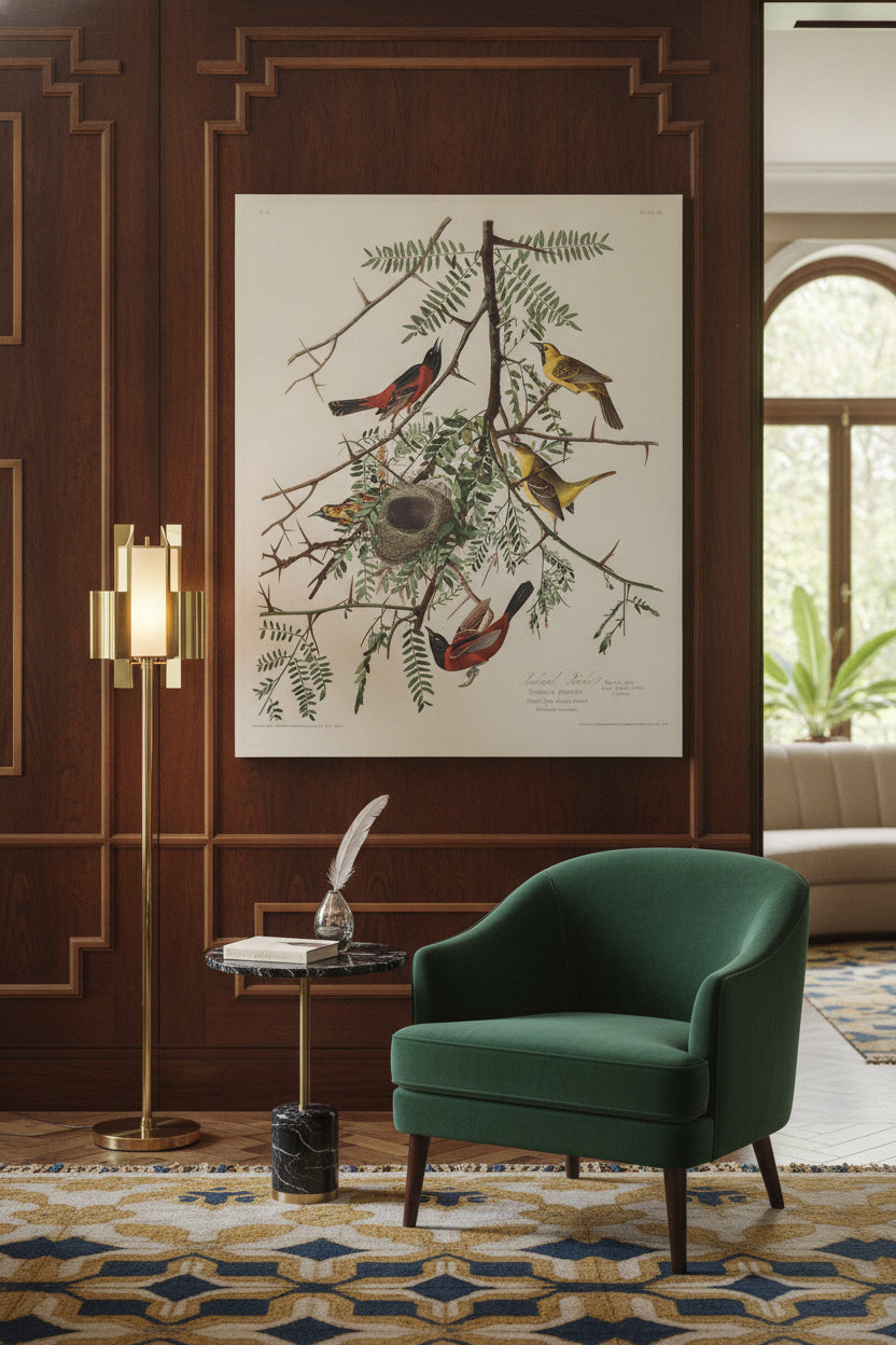 Orchard Oriole — framed art in a styled interior