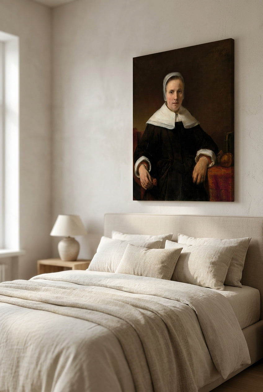 A Woman Holding a Pink — framed art in a styled interior