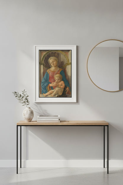Madonna and Child — framed art in a styled interior