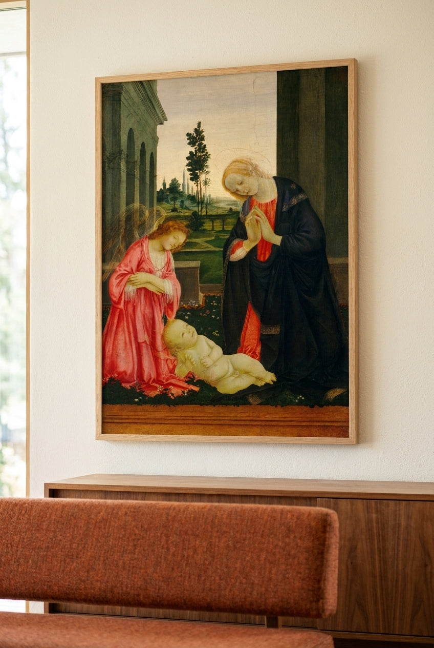 The Adoration of the Child — framed art in a styled interior