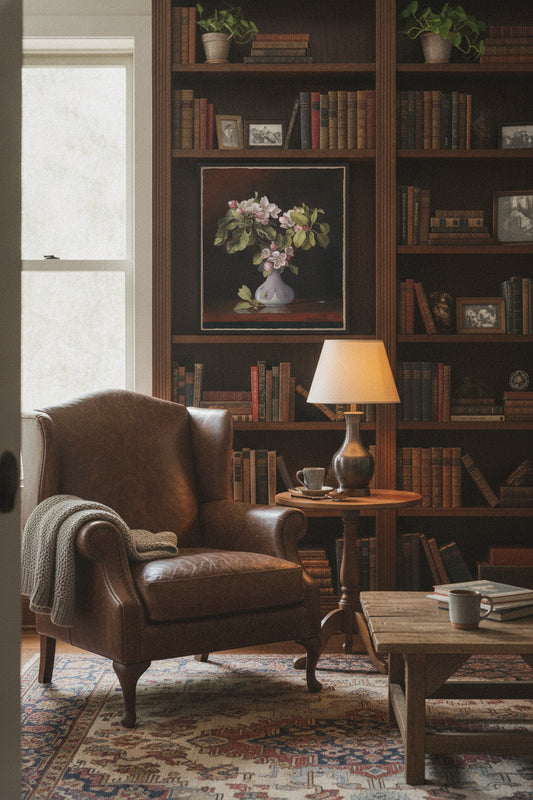 Apple Blossoms in a Vase — framed art in a styled interior