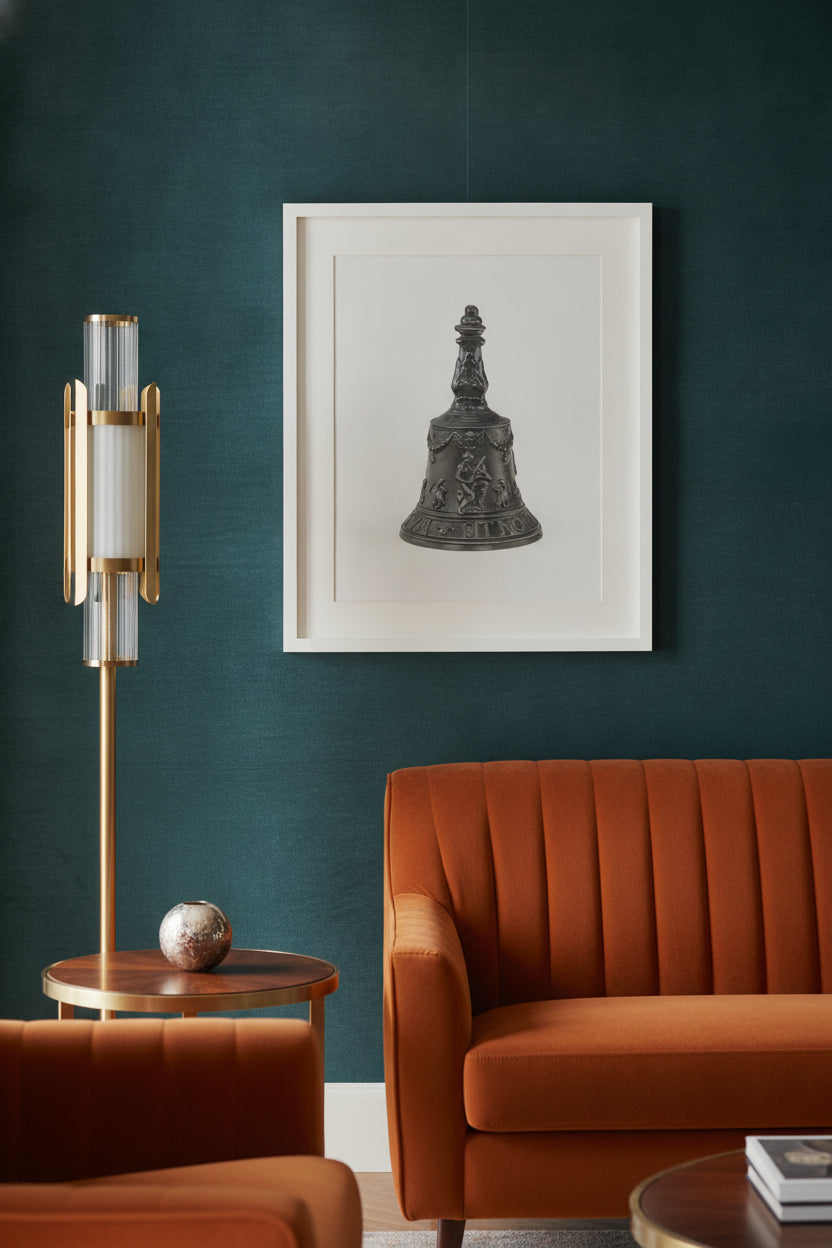 Hand Bell with Orpheus Playing to the Animals, and Poppy Plants — framed art in a styled interior