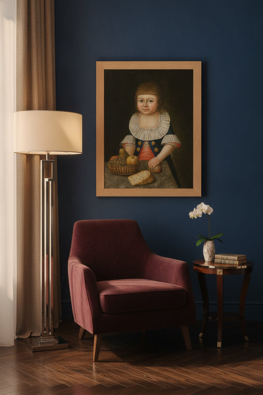 Boy with a Basket of Fruit — framed art in a styled interior