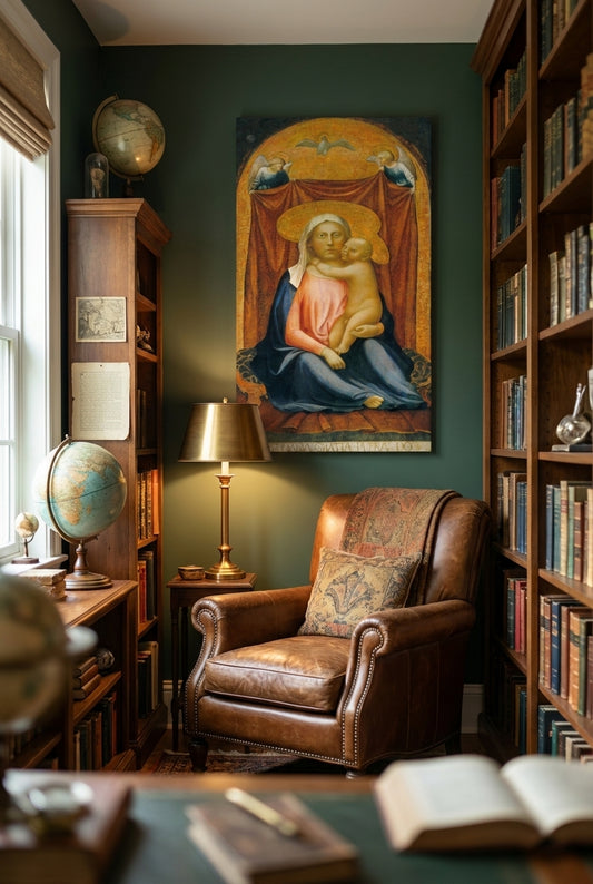 The Madonna of Humility — framed art in a styled interior