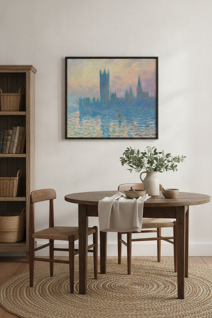 The Houses of Parliament, Sunset — framed art in a styled interior