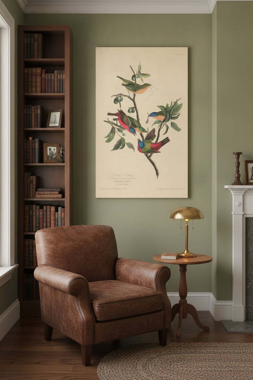 Painted Bunting — framed art in a styled interior
