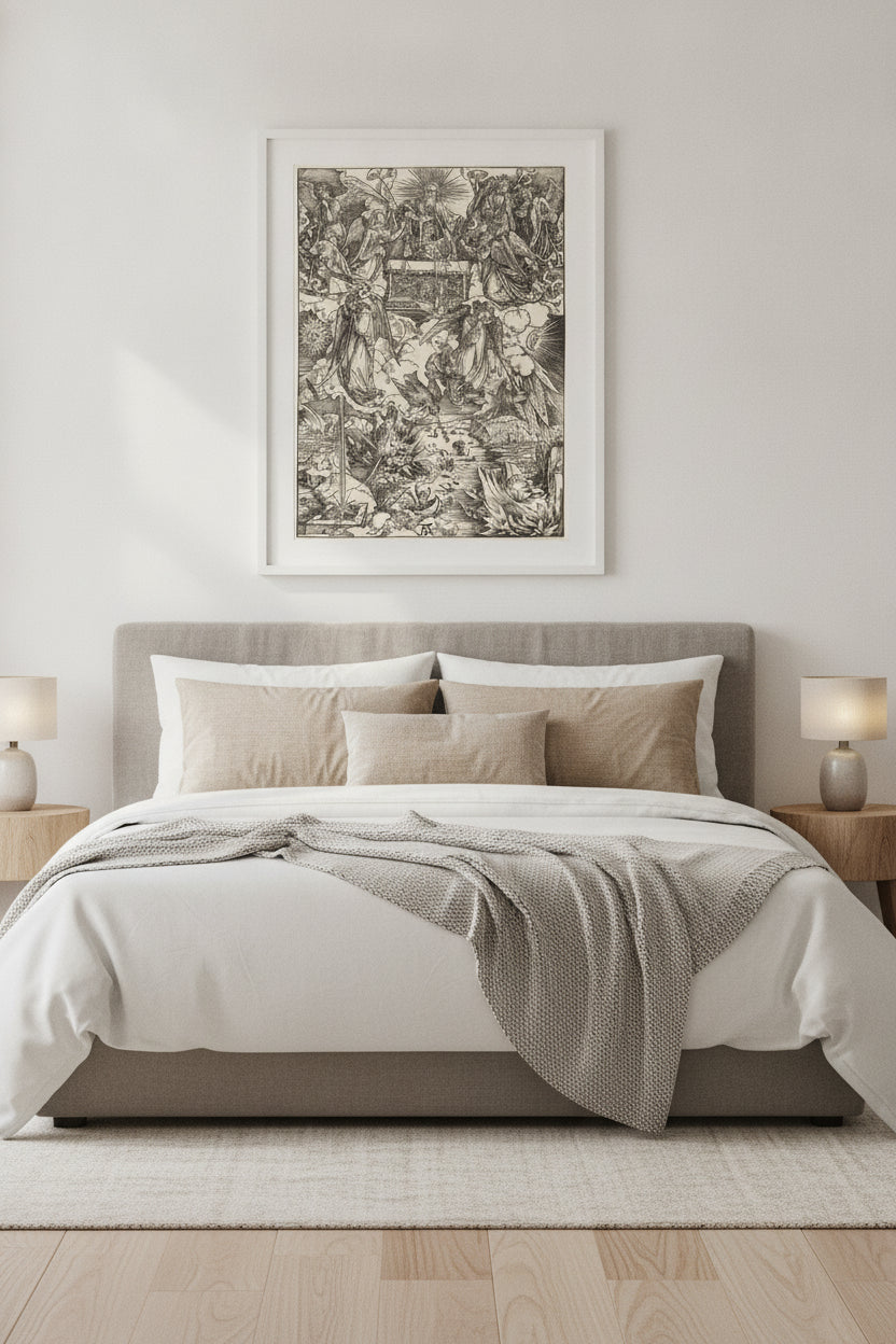 The Seven Angels with the Trumpets — framed art in a styled interior