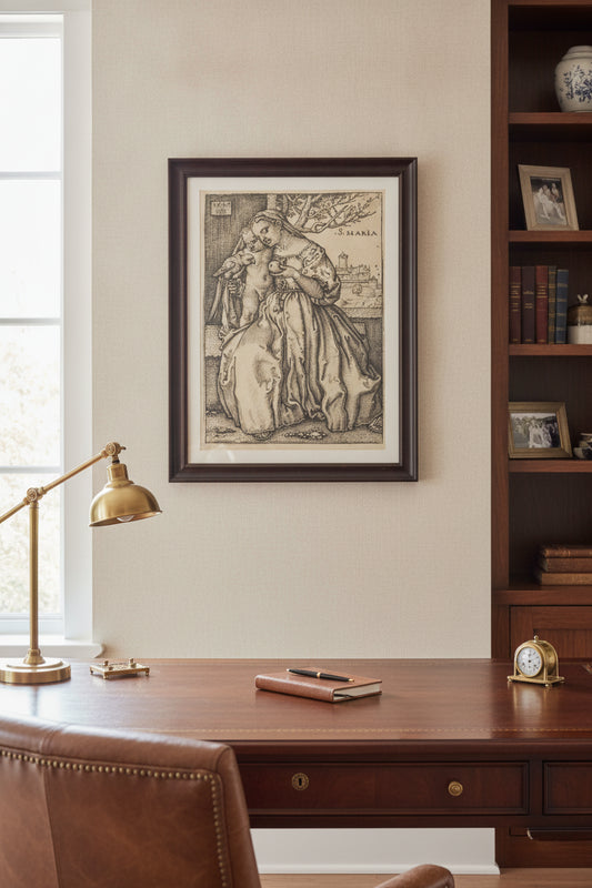 The Virgin and Child with a Parrot — framed art in a styled interior