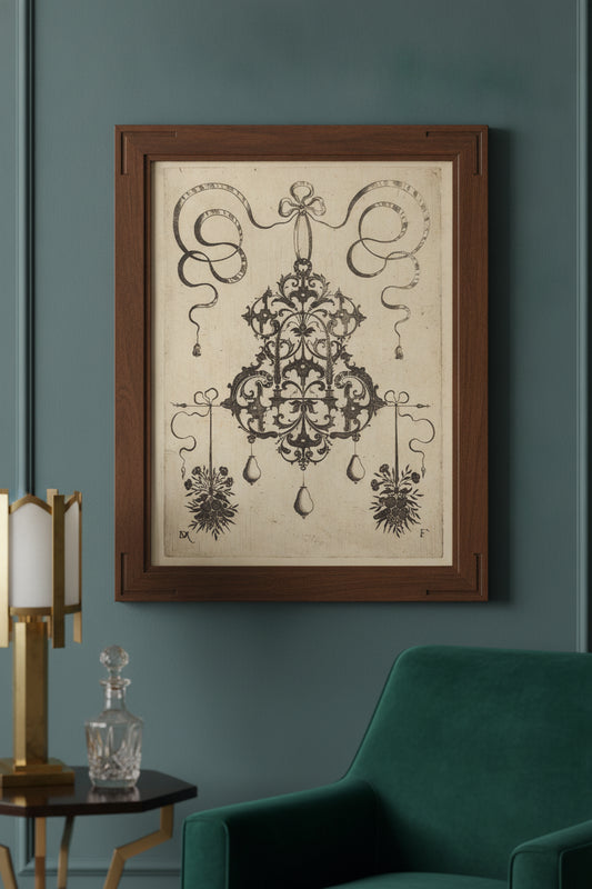 Large Pendant, Lower Left and Right Two Bunches of Grass, Flowers, and Fruit — framed art in a styled interior