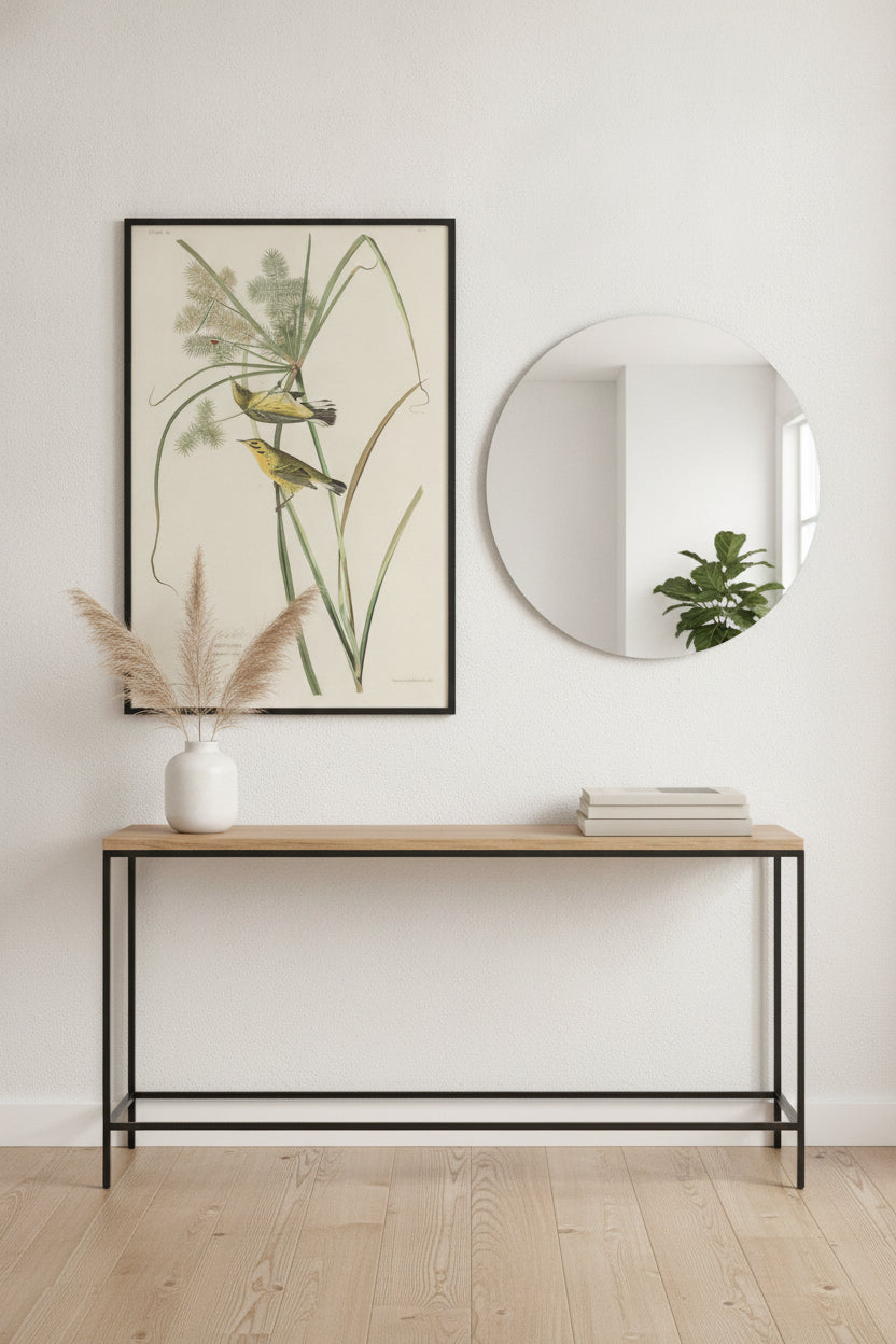 Prairie Warbler — framed art in a styled interior