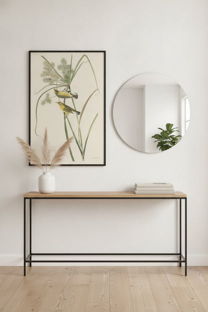 Prairie Warbler — framed art in a styled interior