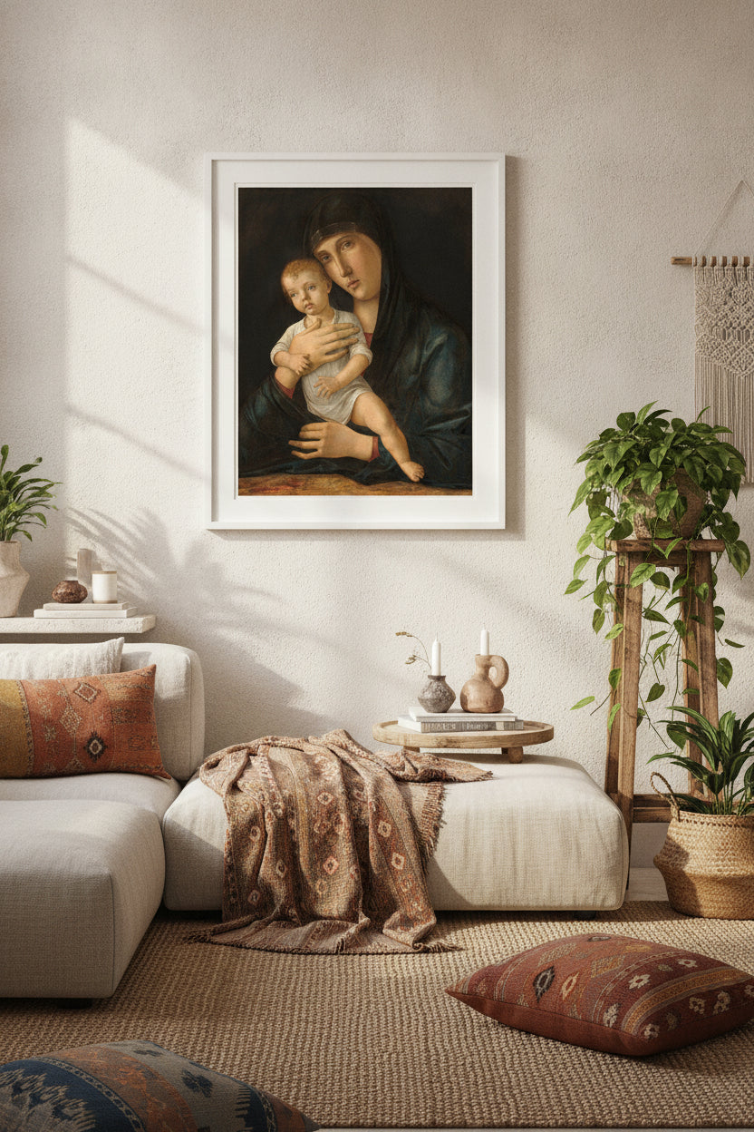 Madonna and Child — framed art in a styled interior