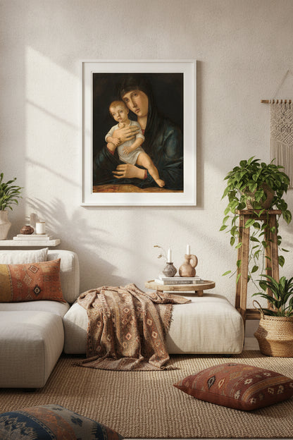 Madonna and Child — framed art in a styled interior