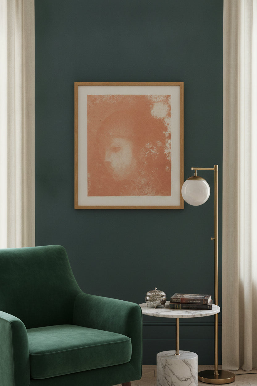 Tete d'Enfant avec Fleurs (Head of a Child with Flowers) — framed art in a styled interior