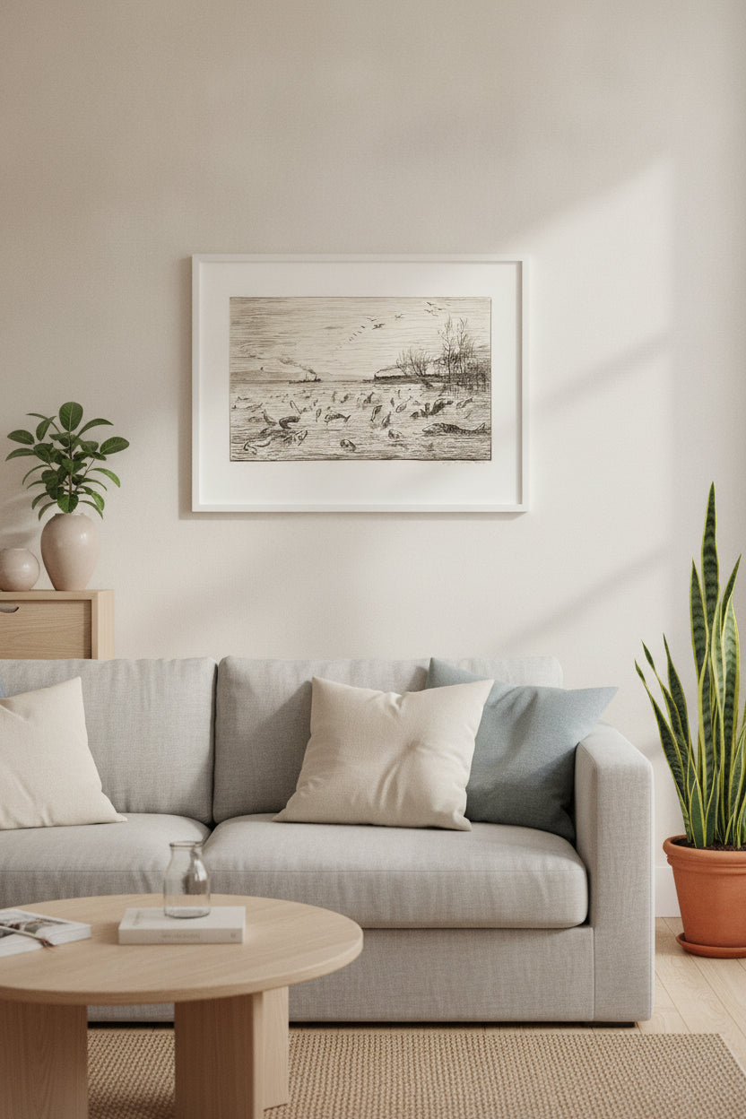 The Fish Rejoice when the Cabin Boy Leaves (Rejouissances de poissons du depart du mo — framed art in a styled interior