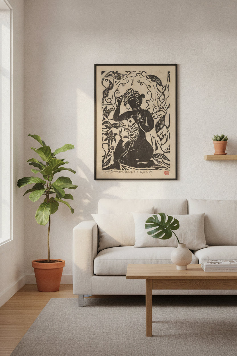 Fish and Flower and Female Buddha — framed art in a styled interior