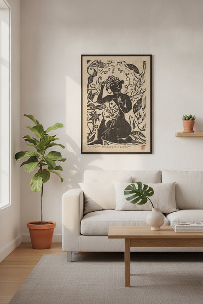 Fish and Flower and Female Buddha — framed art in a styled interior