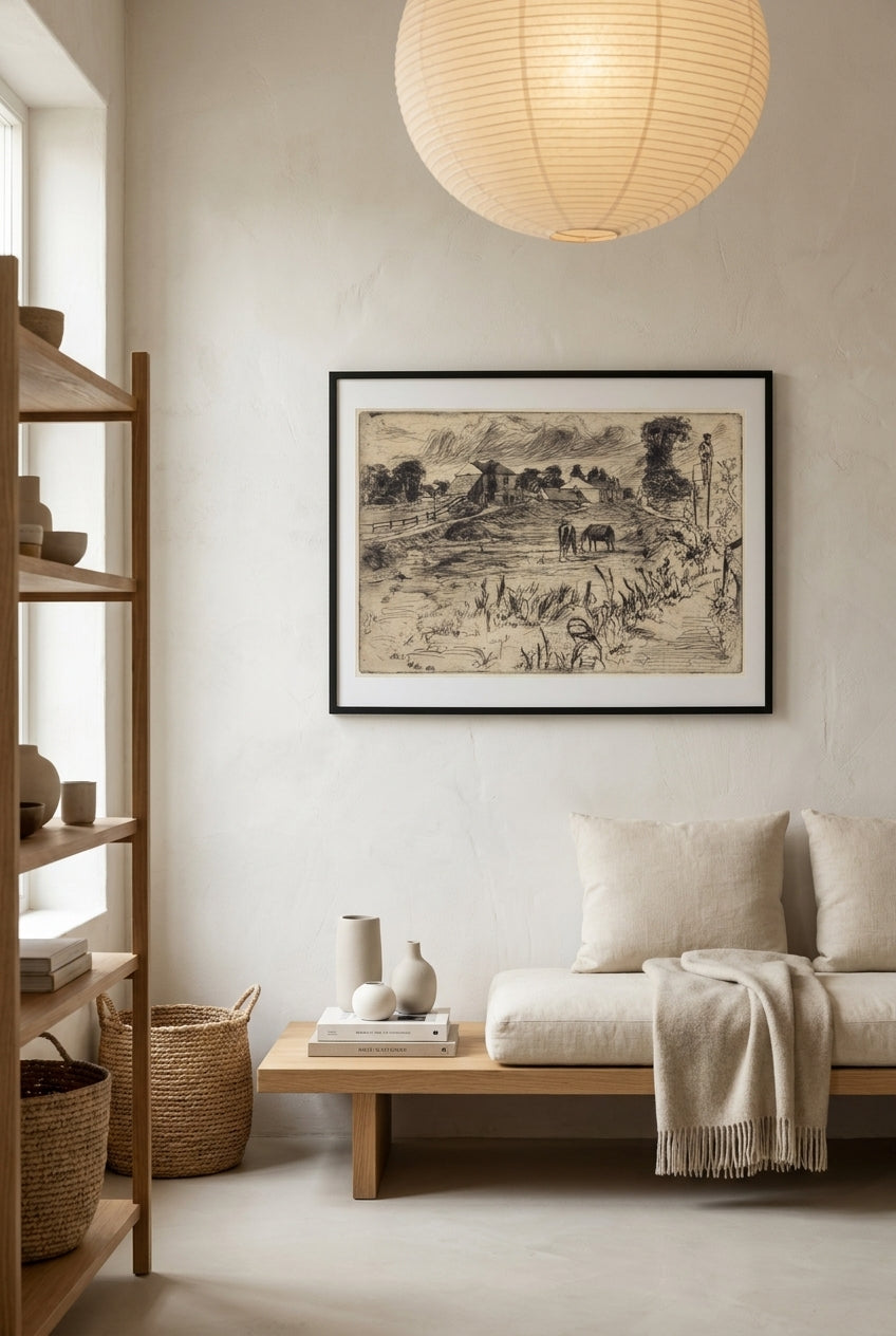 Landscape with Horses — framed art in a styled interior