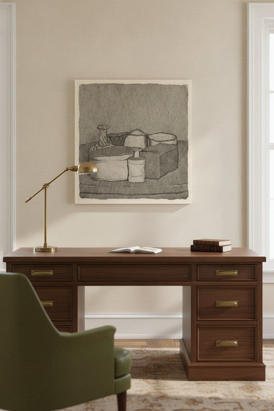 Still Life with Four Objects and Three Bottles — framed art in a styled interior