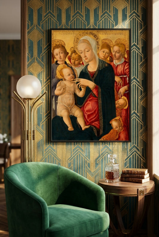 Madonna and Child with Angels and Cherubim — framed art in a styled interior
