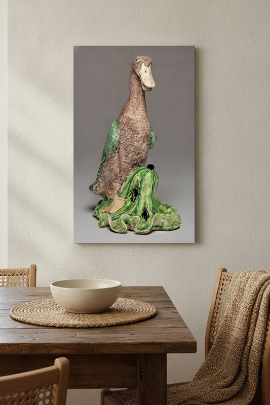 Duck on Lotus Leaf — framed art in a styled interior