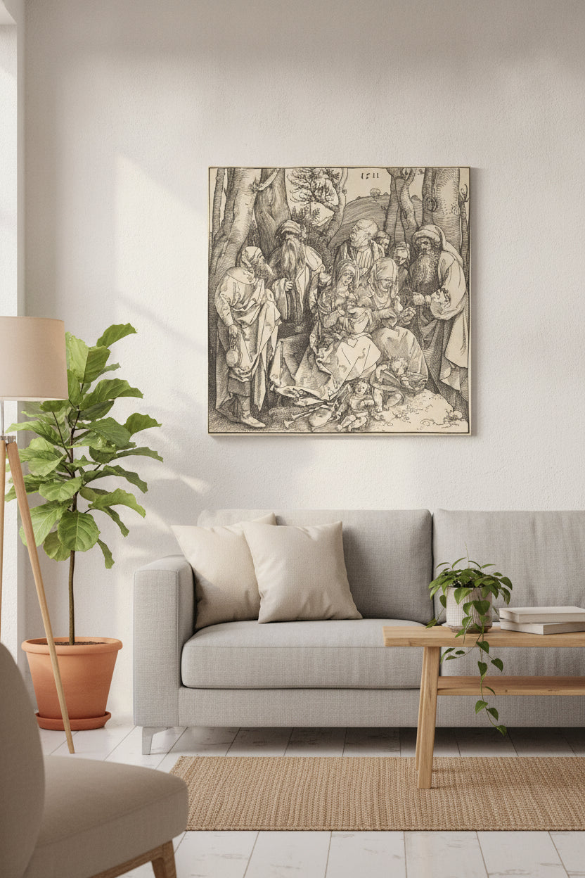 The Holy Family with Two Music-Making Angels — framed art in a styled interior