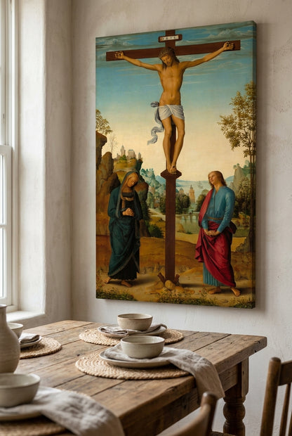 The Crucifixion with the Virgin, Saint John, Saint Jerome, and Saint Mary Magdalene [middle panel] — framed art in a styled interior