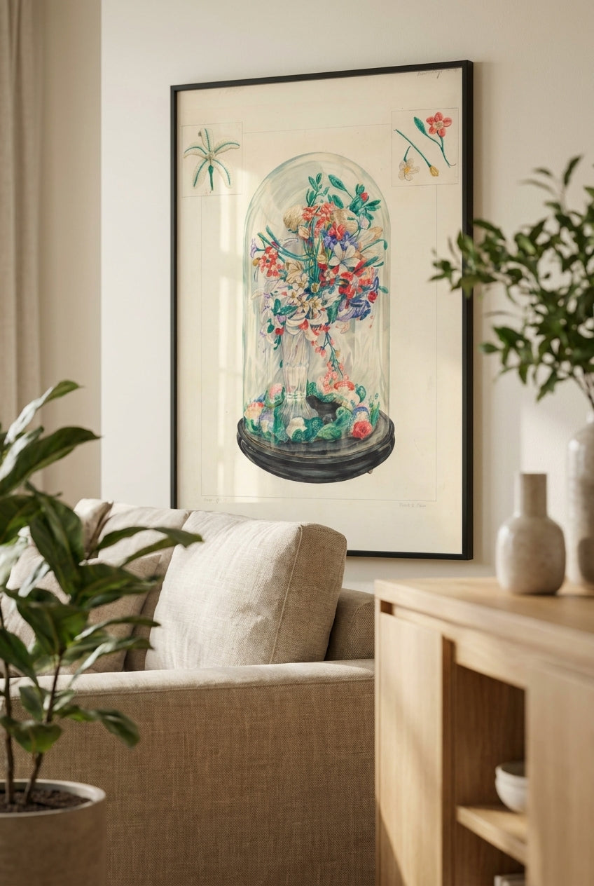 Wool Flowers Under Glass — framed art in a styled interior