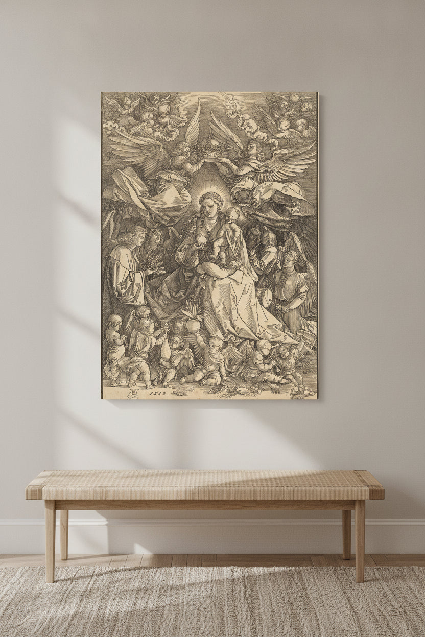 The Virgin Surrounded by Many Angels — framed art in a styled interior