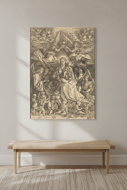 The Virgin Surrounded by Many Angels — framed art in a styled interior