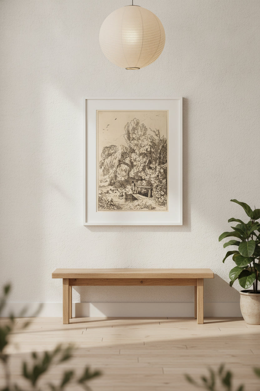 Landscape with Trees, Girl Crossing Footbridge — framed art in a styled interior