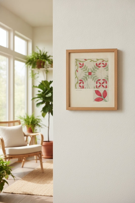 Quilt (Red and Green Leaves) — framed art in a styled interior