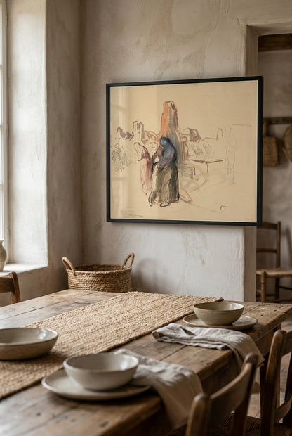 a) C'etait notre maison (recto); b) Refugees in a Landscape (verso) — framed art in a styled interior