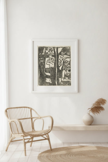 Woman Picking Fruit and the Savage (Femme cueillant des fruits et oviri) — framed art in a styled interior