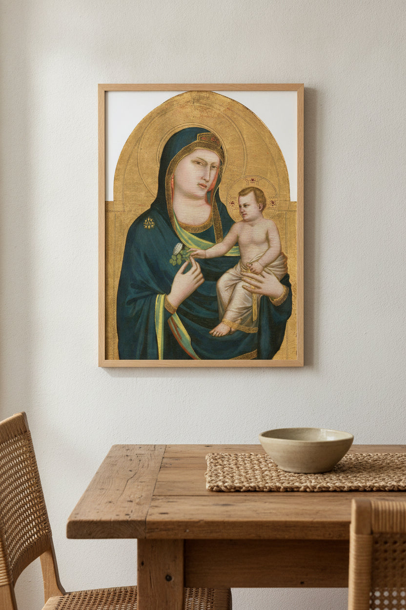 Madonna and Child — framed art in a styled interior