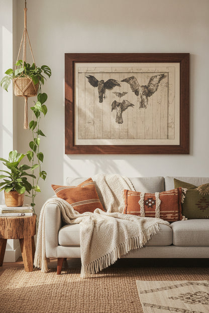Le haut d'un battant de porte (Birds Nailed to a Barn Door) — framed art in a styled interior