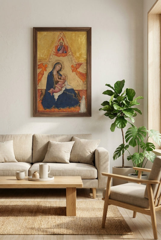 Madonna of Humility, The Blessing Christ, Two Angels, and a Donor [obverse] — framed art in a styled interior