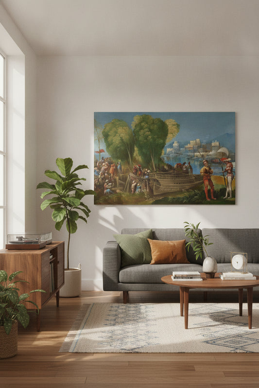The Trojans Repairing Their Ships in Sicily — framed art in a styled interior