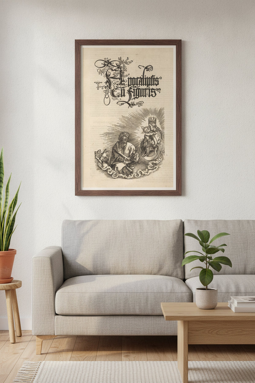 The Virgin Appearing to Saint John — framed art in a styled interior