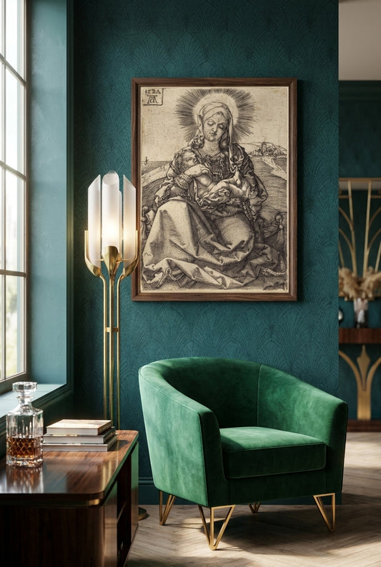 Madonna in a Landscape Sitting on a Cushion — framed art in a styled interior