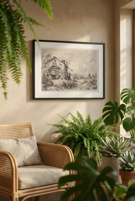 Landscape with a Woman at a Well — framed art in a styled interior