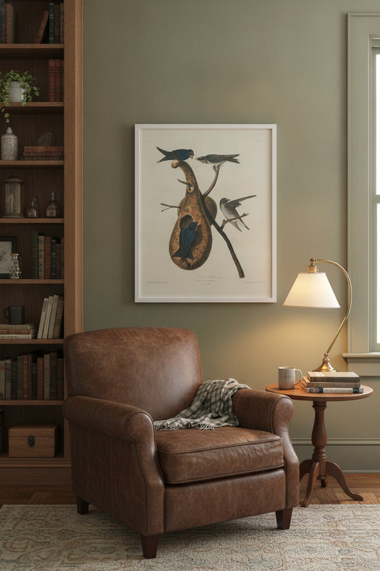 Purple Martin — framed art in a styled interior