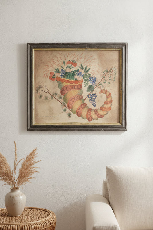 Watercolor: Cornucopia of Fruit — framed art in a styled interior