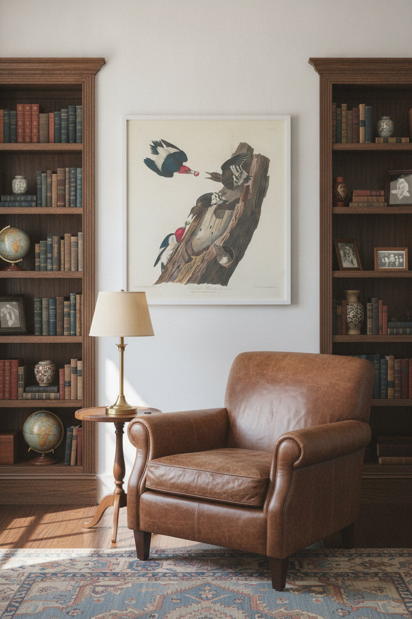 Red-headed Woodpecker — framed art in a styled interior