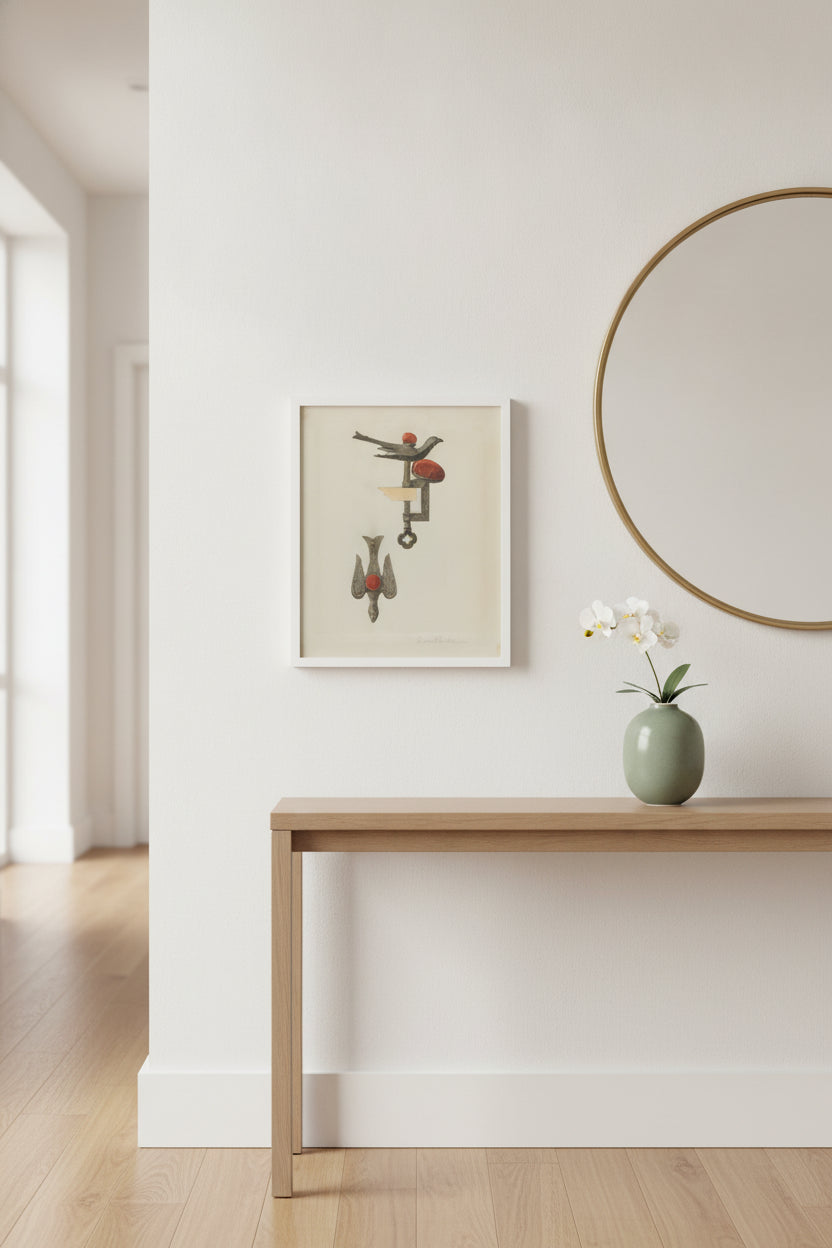 Sewing Bird — framed art in a styled interior