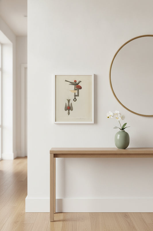 Sewing Bird — framed art in a styled interior