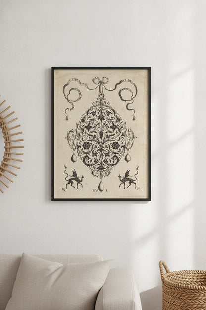 Large Pendant, Upright Oval with Floral Ornament — framed art in a styled interior