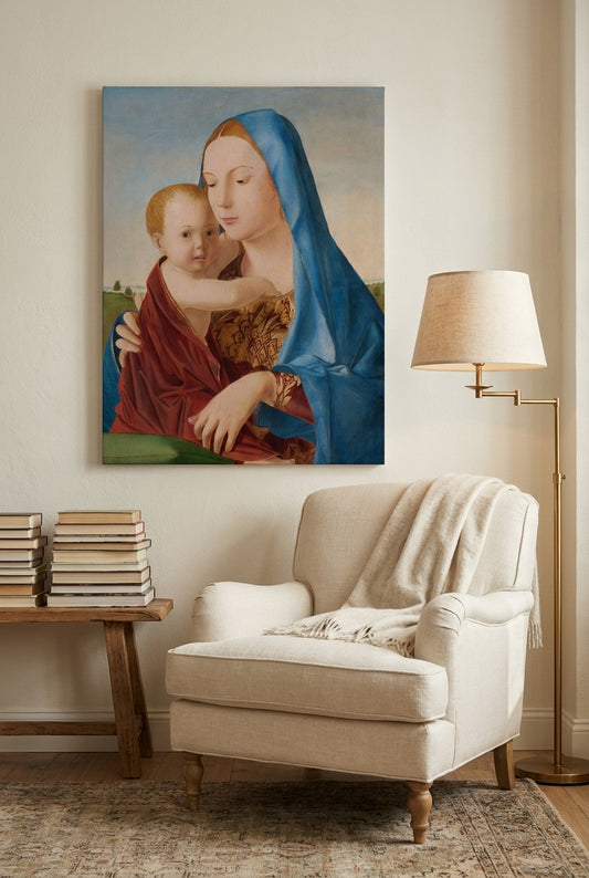 Madonna and Child — framed art in a styled interior
