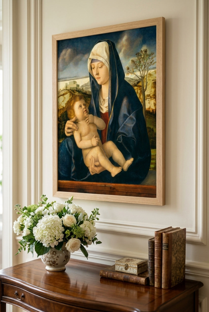 Madonna and Child in a Landscape — framed art in a styled interior