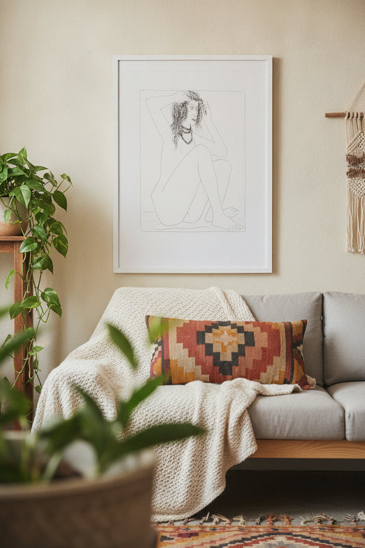 Nude Placing Flowers in Her Hair (Femme nue se couronnant de fleurs) — framed art in a styled interior